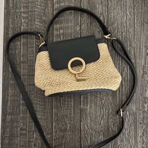 Black & Natural Woven Crossbody with Gold Ring Detail